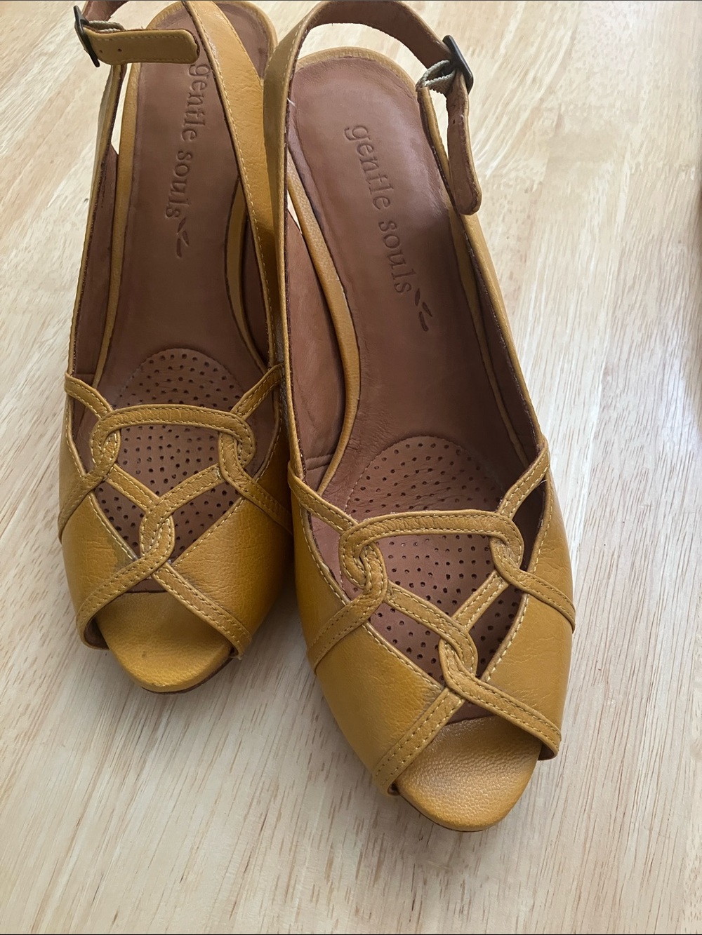 gentle souls Mustard Yellow Leather Slingback Peep-Toe Heels